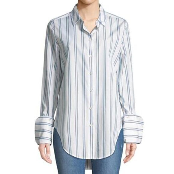 A6 NWT EQUIPMENT White W/Blue Striped Essential L/S Neapolitan Cuff Shirt Sz S - Picture 1 of 7